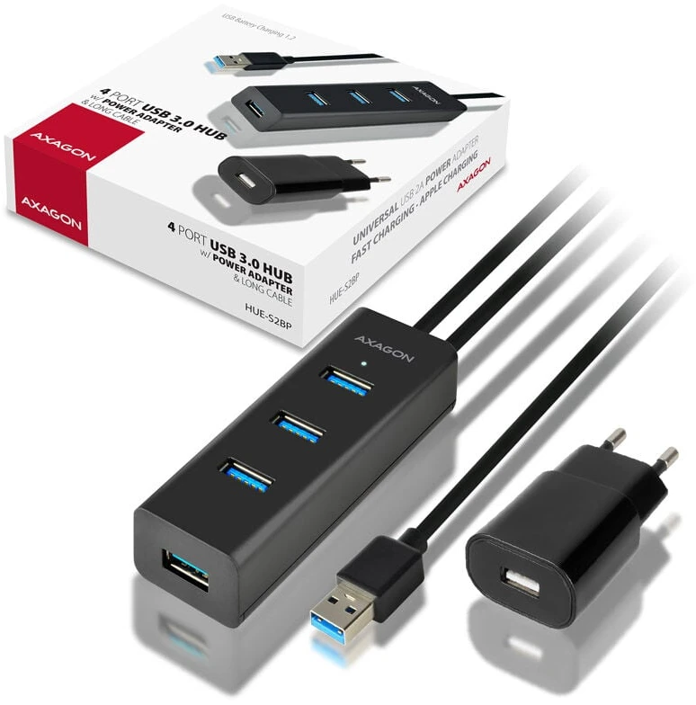 AXAGON HUE-S2BP 4x USB3.0 įkrovimo šakotuvas 1,2 m laidas, MicroUSB įkrovimas, įsk. kintamosios srovės adapteris