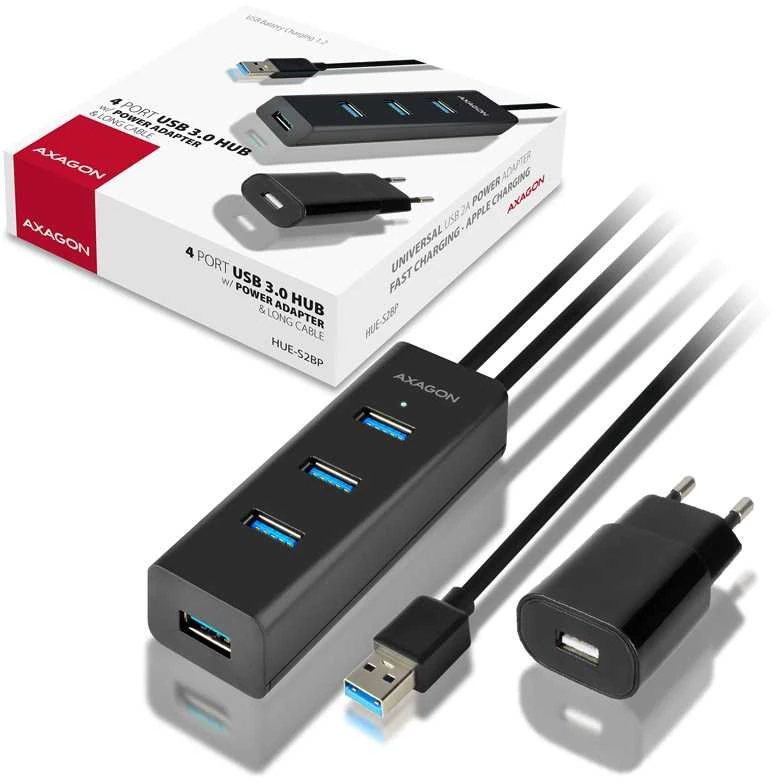 AXAGON HUE-S2BP 4x USB3.0 įkrovimo šakotuvas 1,2 m laidas, MicroUSB įkrovimas, įsk. kintamosios srovės adapteris