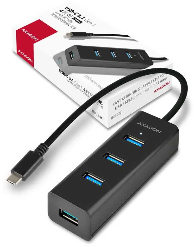 AXAGON HUE-S2C 4x USB3.0 įkrovimo šakotuvas, MicroUSB įkrovimo jungtis, C tipo