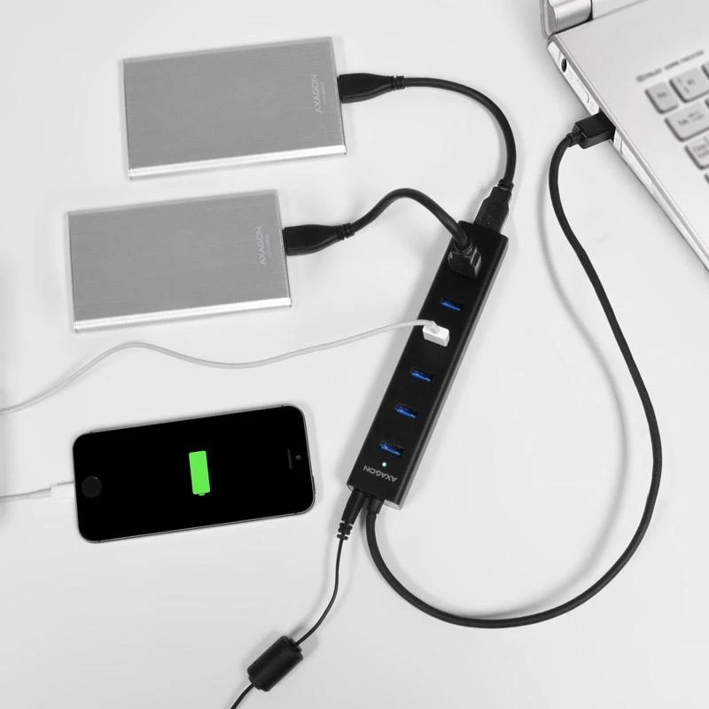 AXAGON HUE-SA7BP 7x USB3.0 ALU įkrovimo šakutė, įsk. AC Adapteris, Juodas