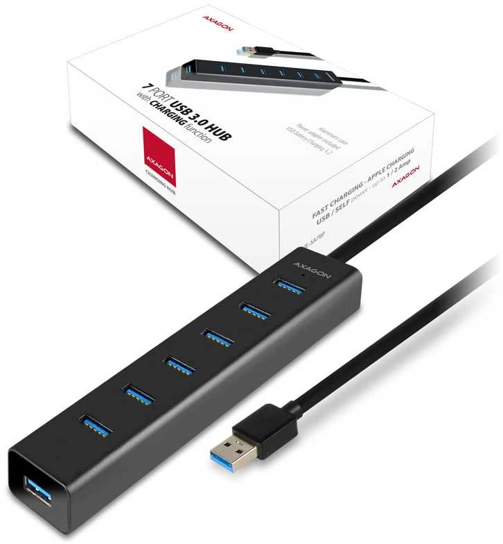 AXAGON HUE-SA7BP 7x USB3.0 ALU įkrovimo šakutė, įsk. AC Adapteris, Juodas