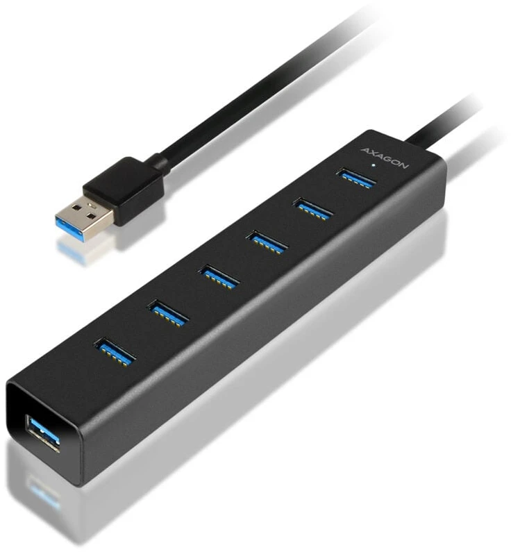 AXAGON HUE-SA7BP 7x USB3.0 ALU įkrovimo šakutė, įsk. AC Adapteris, Juodas