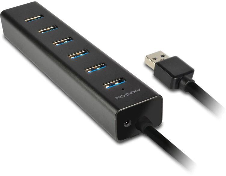 AXAGON HUE-SA7BP 7x USB3.0 ALU įkrovimo šakutė, įsk. AC Adapteris, Juodas