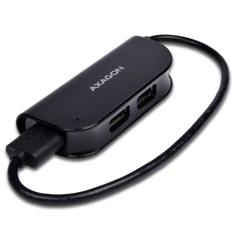 Axagon Handy keturių prievadų USB 2.0 šakotuvas su nuolat prijungtu USB kabeliu. Juodas.