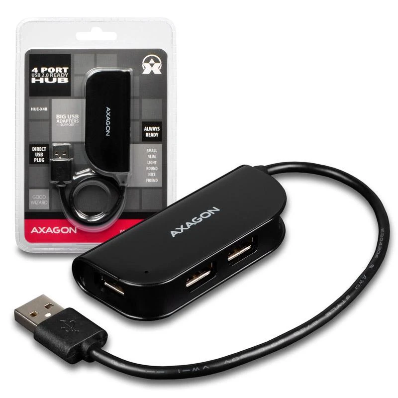 Axagon Handy keturių prievadų USB 2.0 šakotuvas su nuolat prijungtu USB kabeliu. Juodas.