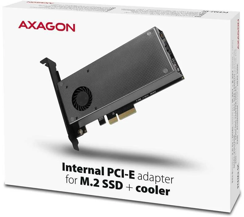 AXAGON PCEM2-DC PCI-E 3.0 4x - DUAL M.2 SSD (NVMe + SATA), dviguba įtampa, iki 110 mm SSD, ventiliatorius + radiatorius