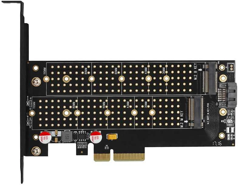 AXAGON PCEM2-DC PCI-E 3.0 4x - DUAL M.2 SSD (NVMe + SATA), dviguba įtampa, iki 110 mm SSD, ventiliatorius + radiatorius