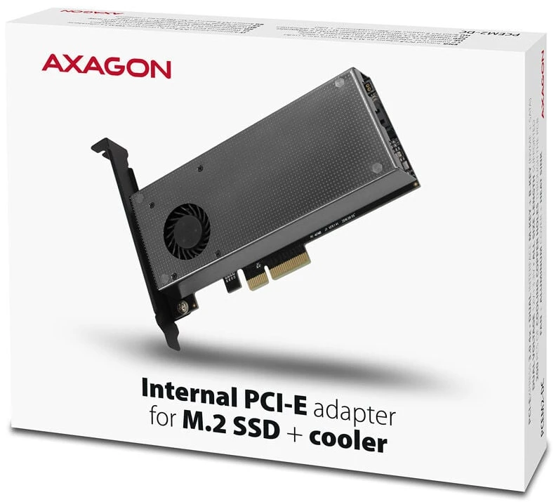 AXAGON PCEM2-DC PCI-E 3.0 4x - DUAL M.2 SSD (NVMe + SATA), dviguba įtampa, iki 110 mm SSD, ventiliatorius + radiatorius
