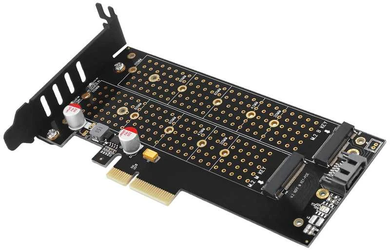 AXAGON PCEM2-DC PCI-E 3.0 4x - DUAL M.2 SSD (NVMe + SATA), dviguba įtampa, iki 110 mm SSD, ventiliatorius + radiatorius