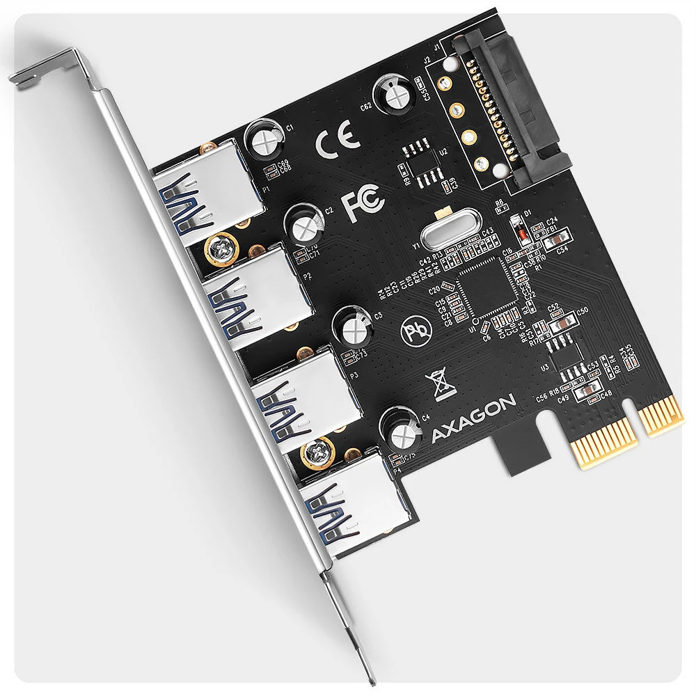 AXAGON PCEU-430RS PCIe kortelė - 4x USB 5Gbps prievadas, SATA maitinimas, Renesas PD720201, SP