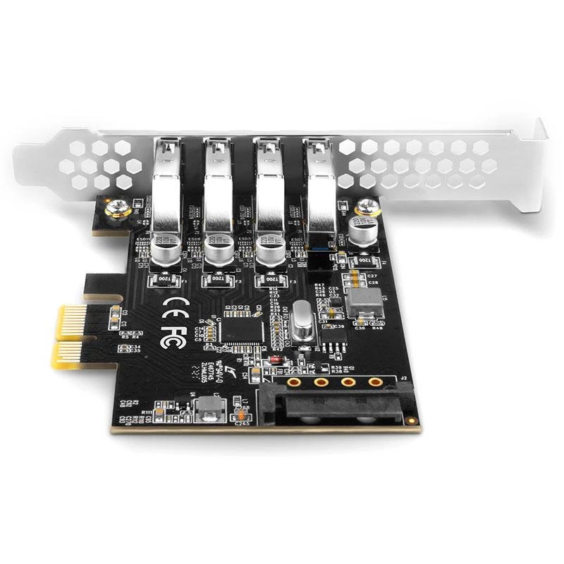 Axagon PCI-Express kortelė su keturiais išoriniais USB 3.2 Gen1 jungtys su dviguba galia. Renesas mikroschemų rinkinys. Standartinis ir žemas profilis.