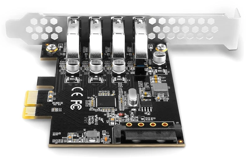 Axagon PCI-Express kortelė su keturiais išoriniais USB 3.2 Gen1 jungtys su dviguba galia. Renesas mikroschemų rinkinys. Standartinis ir žemas profilis.