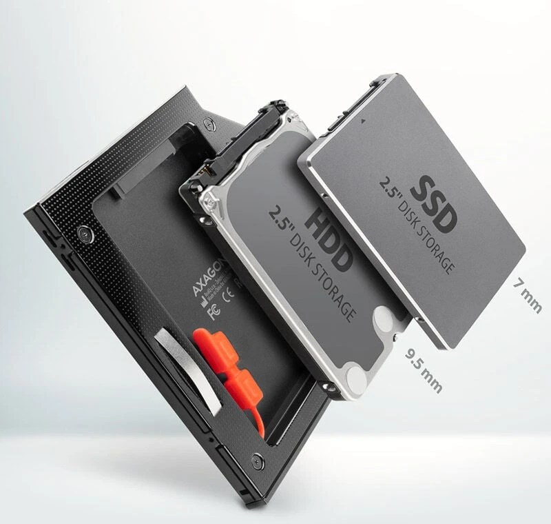 Axagon Išorinio kietojo disko dėklas RSS-CD09 Ramka su 2,5" SSD-HDD su Gniazda DVD, 9,5 mm LED aliuminio