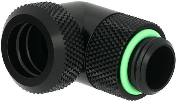 „Barrow“ daugiasvirtis adapteris, 90 laipsnių G1/4 colio AG ir 12 mm išorinio skersmens kietojo vamzdžio jungtis, pasukama, juodas