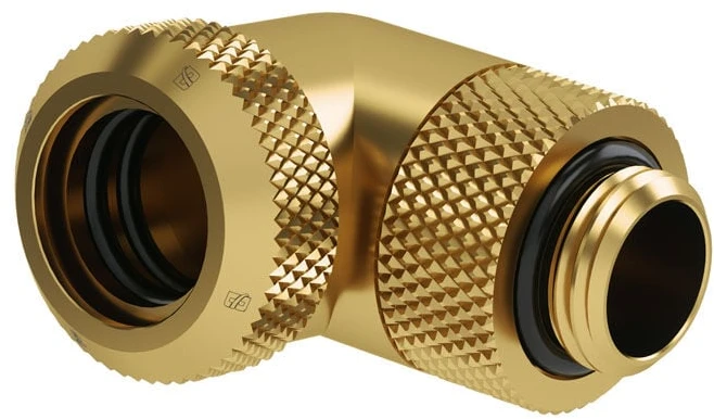 „Barrow“ daugiasvirtis adapteris, 90 laipsnių G1/4 colio vidinis sriegis ir 14 mm išorinio skersmens kietasis vamzdis, pasukamas, aukso spalvos