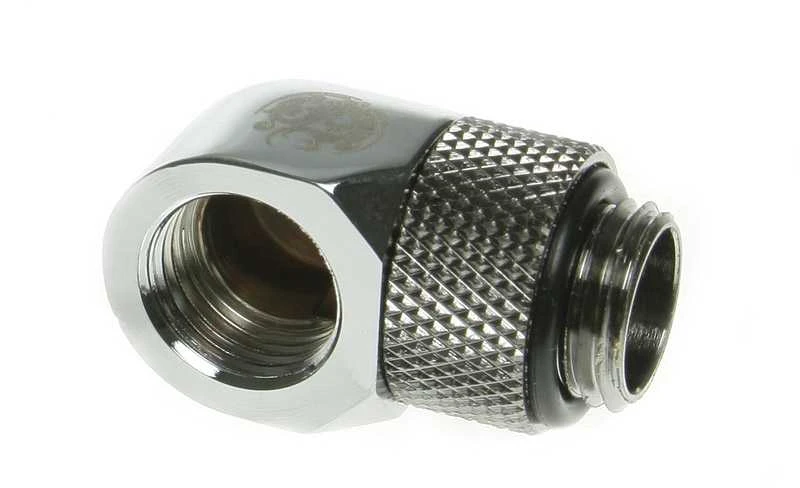 Bitspower adapteris 90 laipsnių kampu, G1/4 colio AG į G1/4 colio IG – pasukamas, blizgantis sidabrinis