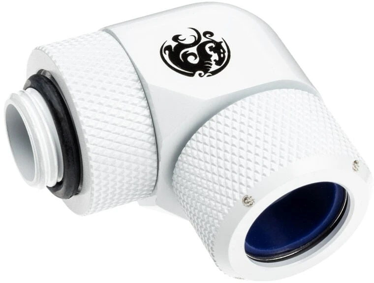 „Bitspower Advanced Multi-Link“ adapteris, 90 laipsnių G1/4 colio BSP ir 14 mm išorinio skersmens kietojo vamzdžio jungtis, pasukama.