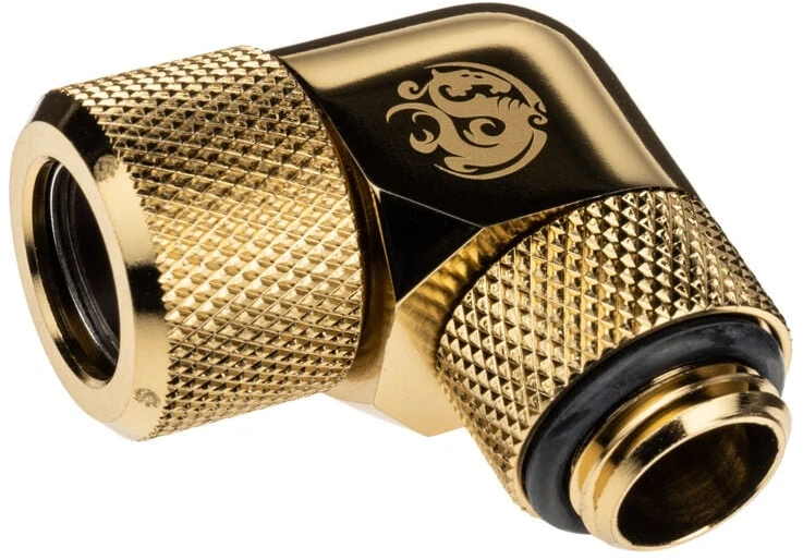 „Bitspower Advanced Multi-Link“ adapteris, 90 laipsnių G1/4 colio vidinis sriegis, jungiantis prie 12 mm išorinio skersmens kieto vamzdžio, pasukamas.