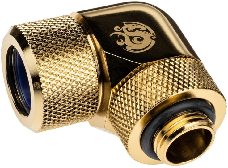 „Bitspower Advanced Multi-Link“ adapteris, 90 laipsnių G1/4 colio BSP ir 14 mm išorinio skersmens kietojo vamzdžio jungtis, pasukama.