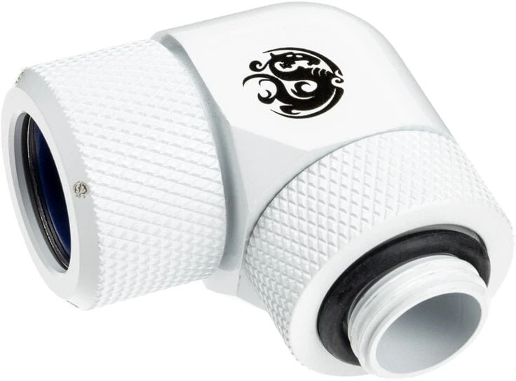 „Bitspower Advanced Multi-Link“ adapteris, 90 laipsnių G1/4 colio BSP ir 14 mm išorinio skersmens kietojo vamzdžio jungtis, pasukama.