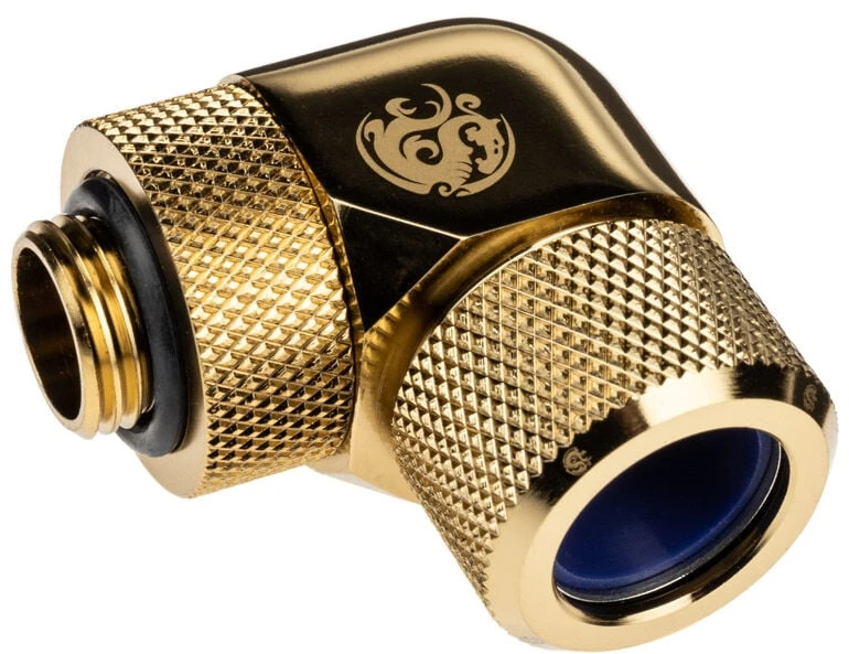 „Bitspower Advanced Multi-Link“ adapteris, 90 laipsnių G1/4 colio BSP ir 14 mm išorinio skersmens kietojo vamzdžio jungtis, pasukama.