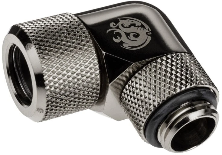 „Bitspower Advanced Multi-Link Adapteris“ jungtis, 90 laipsnių kampu, G1/4 colio AG ir 12 mm išorinio skersmens kietojo vamzdžio jungtis, pasukama.