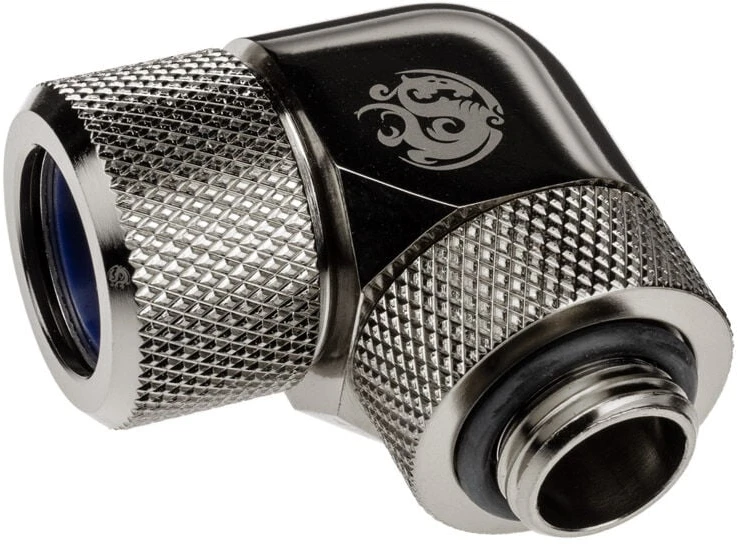 „Bitspower Advanced Multi-Link“ adapteris, 90 laipsnių G1/4 colio vidinis sriegis, 14 mm išorinio skersmens kietasis vamzdis, pasukamas.