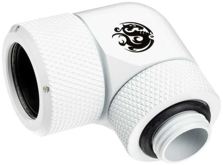 „Bitspower Advanced Multi-Link“ adapteris, 90 laipsnių G1/4 colio vidinis sriegis ir 16 mm išorinio skersmens kietasis vamzdis, pasukamas.