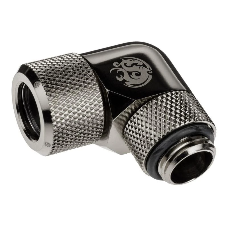 „Bitspower Advanced Multi-Link Adapteris“ jungtis, 90 laipsnių kampu, G1/4 colio AG ir 12 mm išorinio skersmens kietojo vamzdžio jungtis, pasukama.