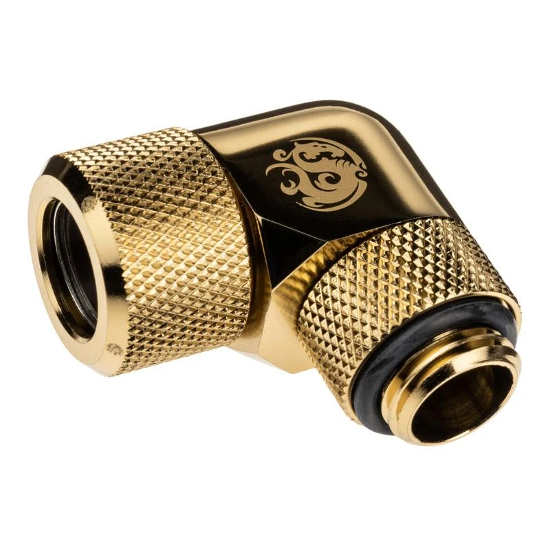 „Bitspower Advanced Multi-Link“ adapteris, 90 laipsnių G1/4 colio vidinis sriegis, jungiantis prie 12 mm išorinio skersmens kieto vamzdžio, pasukamas.