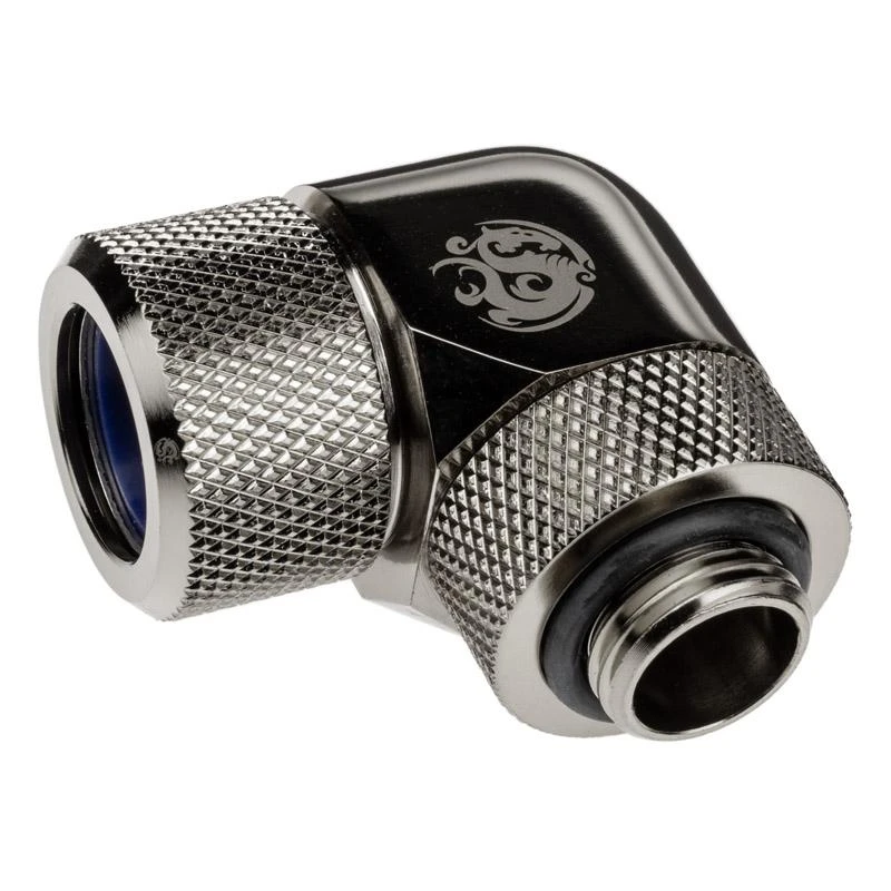„Bitspower Advanced Multi-Link“ adapteris, 90 laipsnių G1/4 colio vidinis sriegis, 14 mm išorinio skersmens kietasis vamzdis, pasukamas.