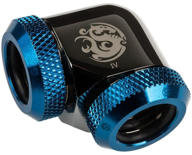 Bitspower Adapteris 90 Degree 12mm OD Hardtube to 12mm OD Hardtube – glossy juodas/mėlynas