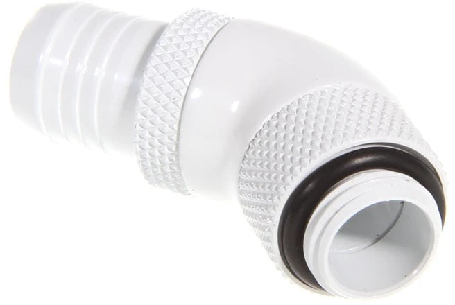 Bitspower jungtis, 45 laipsnių, G1/4 colio AG – 13 mm ID – pasukama, balta