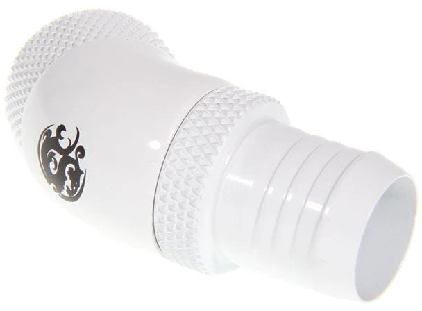 Bitspower jungtis, 45 laipsnių, G1/4 colio AG – 13 mm ID – pasukama, balta