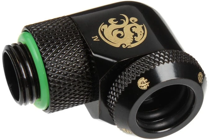 „Bitspower“ daugiajungtis adapteris, 90 laipsnių G1/4 colio vidinis sriegis ir 12 mm išorinio skersmens kietas vamzdis - pasukamas, juodas
