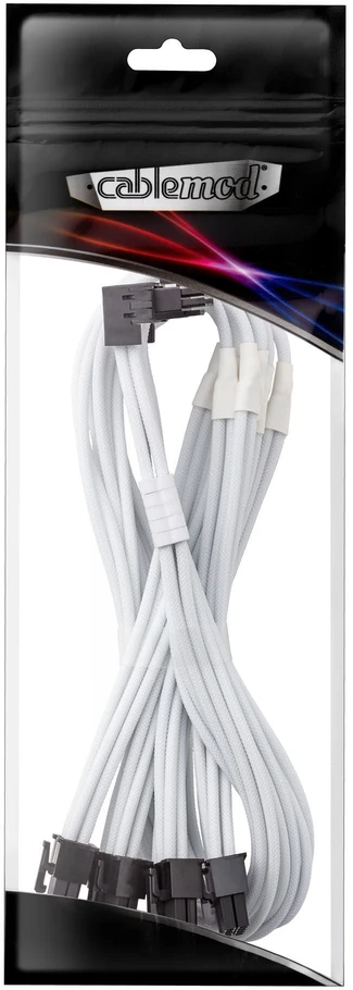 „CableMod C-Series Pro“ tiltelinis jungiamasis kabelis – A variantas, 90°, 16 kontaktų į 4 kontaktų 8 kontaktų PCIe, baltos spalvos