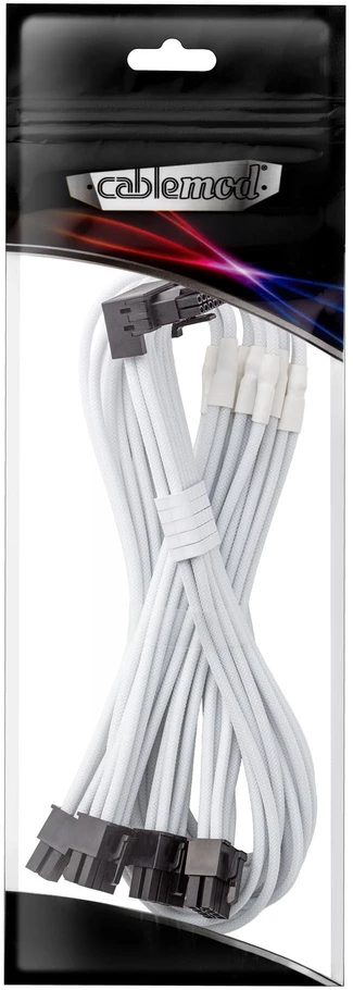 „CableMod C-Series Pro“ tiltelinis jungiamasis kabelis – B variantas, 90°, 16 kontaktų į 4 x 8 kontaktų PCIe, baltos spalvos