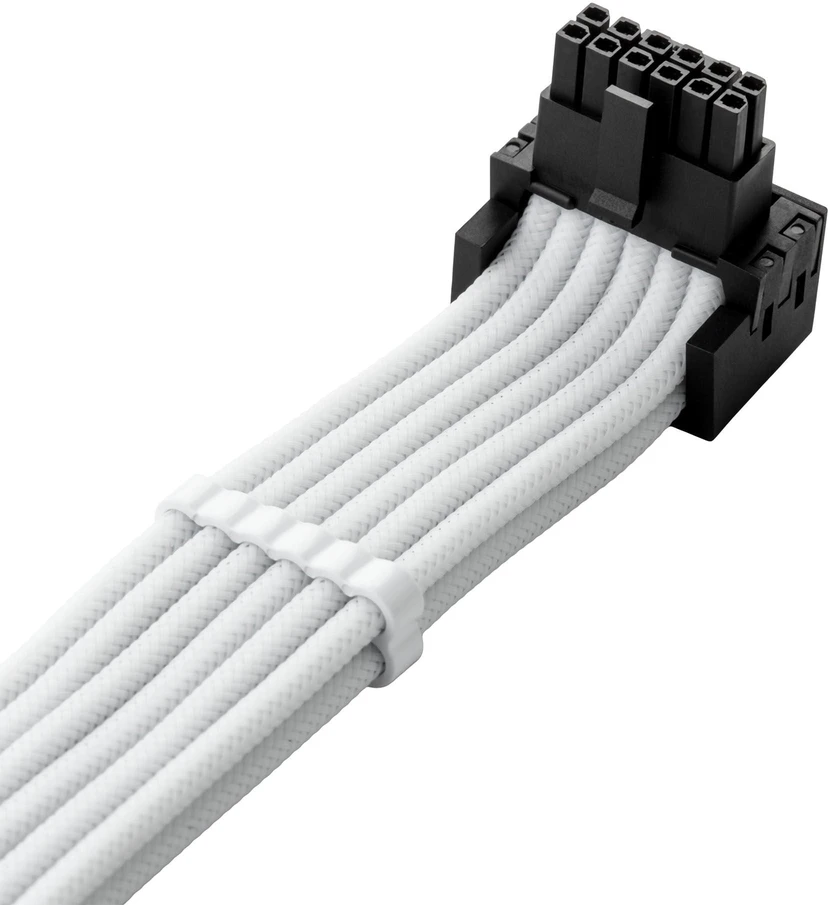 „CableMod C-Series Pro“ tiltelinis jungiamasis kabelis – B variantas, 90°, 16 kontaktų į 4 x 8 kontaktų PCIe, baltos spalvos