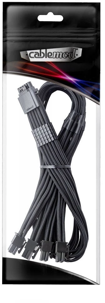 „CableMod C-Series Pro ModMesh 12V-2®“ 6 kontaktų kabelis, su apvalkalu, 16 kontaktų į 4 x 8 kontaktų, skirtas „Corsair Type 4“ ir „3“ maitinimo šaltiniams – juodos spalvos, 60 cm
