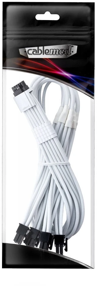 „CableMod C-Series Pro ModMesh 12V-2®“ 6 kontaktų kabelis, su apvalkalu, 16 kontaktų į 4 x 8 kontaktų, skirtas „Corsair Type 4“ ir „3“ maitinimo šaltiniams – baltos spalvos, 60 cm