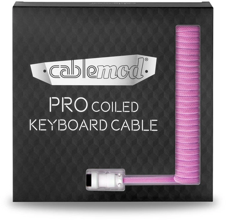 Klaviatūra CableMod PRO Coiled Cable susuktas klaviatūros laidas USB-C į USB Type A, Strawberry Kreminis – 150cm