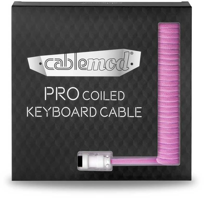 Klaviatūra CableMod PRO Coiled Cable susuktas klaviatūros laidas USB-C į USB Type A, Strawberry Kreminis – 150cm