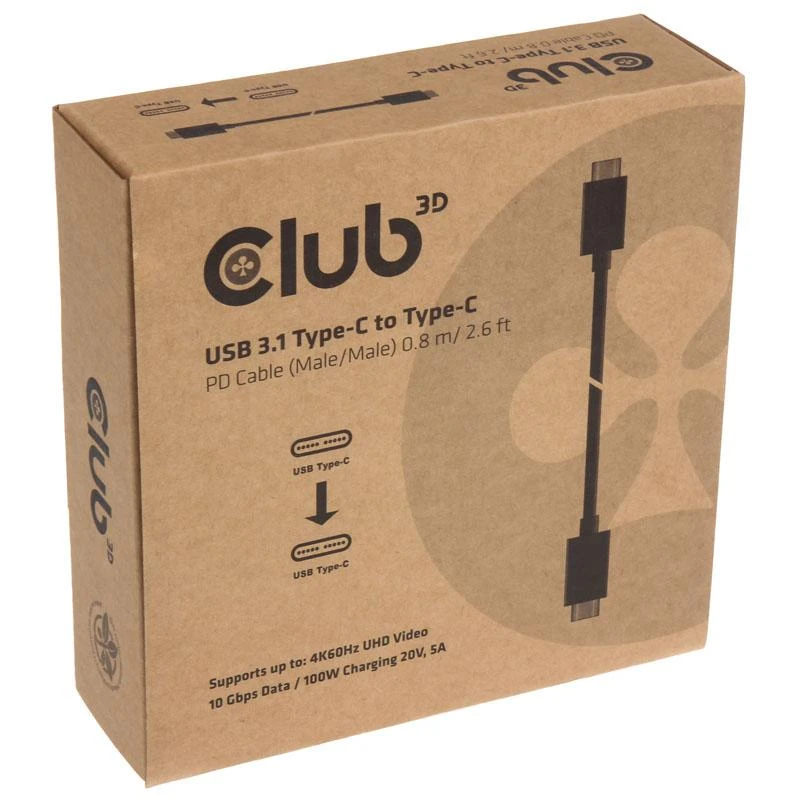 Club 3D CLUB3D USB tipo C laidas M/M 0,8 metro aktyvus PD ~100 vatų 4K60 Hz