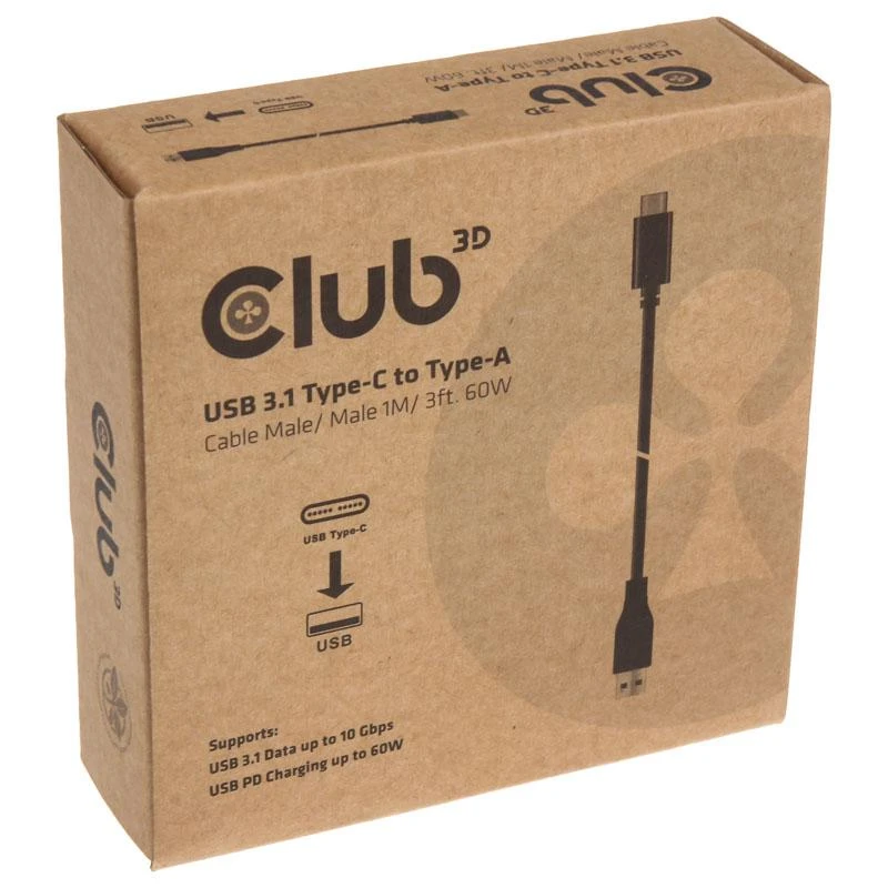 USB Club 3D USB-A – USB-C laidas, 1 m juodas (CAC-1523)