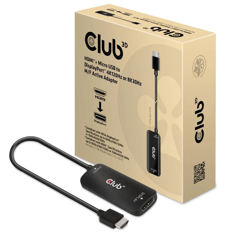 Club 3D HDMI + Micro USB į DisplayPort 4K120Hz/8K30Hz aktyvus adapteris