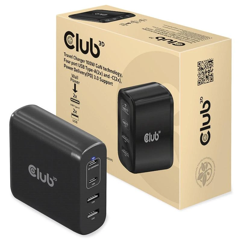 Club 3D Club3D kelioninis įkroviklis 100W GAN technologija, 2xUSB-A ir 2xUSB-C, PD 3.0 palaikymas
