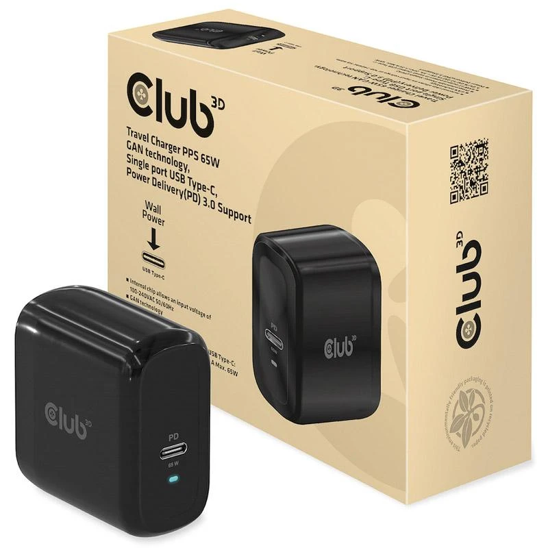 Club 3D CLUB3D kelioninis įkroviklis 65 W GAN technologija, vieno prievado USB Type-C, maitinimo tiekimo (PD) 3.0 palaikymas