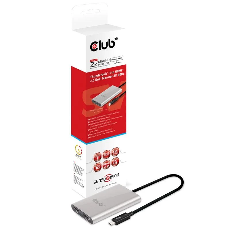 Club 3D Thunderbolt 3 į HDMI 2.0 2x monitorius 4K60Hz – 27mm