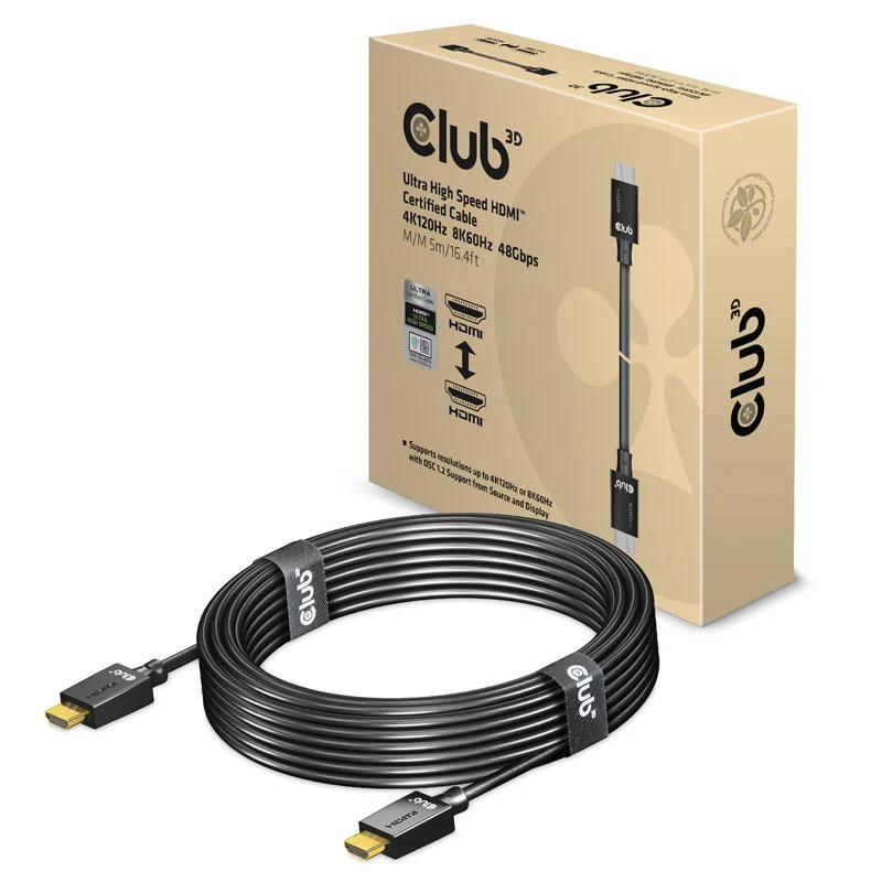Club 3D CLUB3D itin didelės spartos HDMI™ sertifikuotas kabelis 4K120Hz 8K60Hz 48Gbps M/M 5m/16.4ft