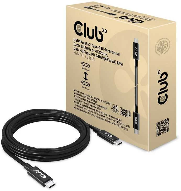 Club 3D Club3D kabelis USB4 Gen3x2 Type-C Dvipusis kabelis 8K60Hz, duomenų sparta 40 Gbps, PD 240W(48V/5A) EPR M/M 2m